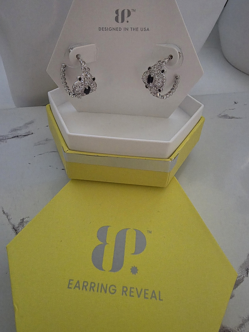 bp Silver Cat Crystal Hoop Earrings with Black Accents